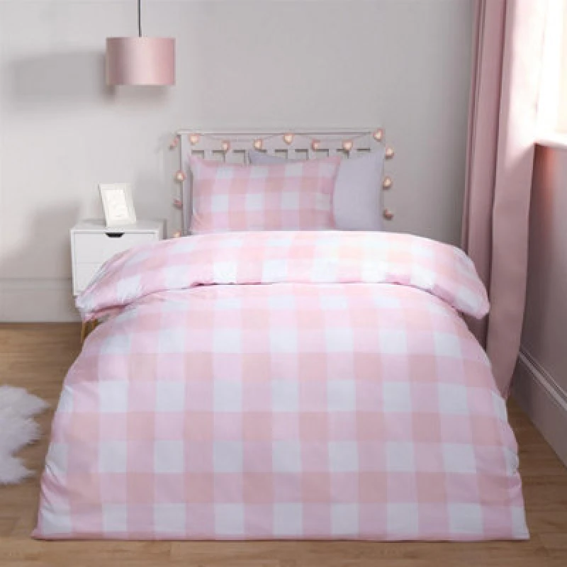 Image of OHS OHS Gingham Duvet Cover Bedding Quilt Pillowcase Set Check Reversible in Pink Size: Single Pink Single Unisex 5027434189922