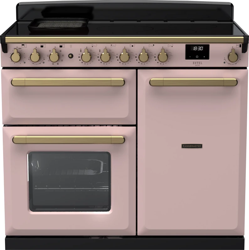 Image of Rangemaster Estel Deluxe ESDL100EIPPPK/AB1 100cm Electric Range Cooker with Induction Hob - Pale Pink / Antique Brass - A/A Rated
