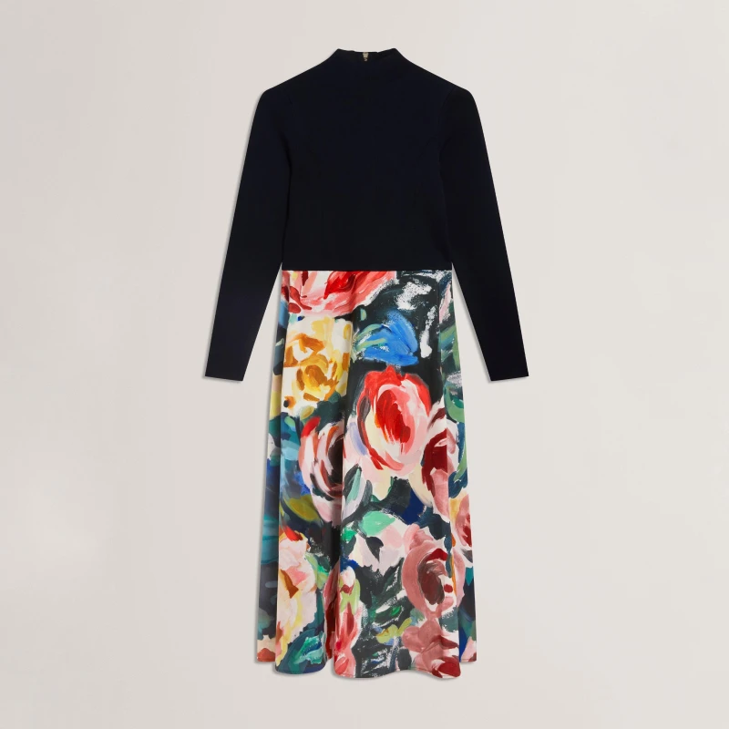 Image of Ted Baker Womens Print Midi Tea Dress Navy female 8 (XS)