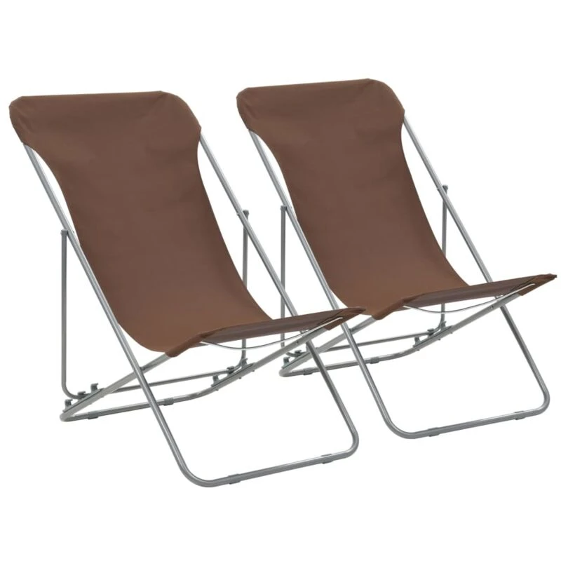 Image of vidaXL 2x Folding Beach Chair Brown Steel and Oxford Fabric Pool Camping Seat