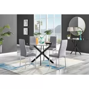 Image of Furniture Box Novara Black Leg 120Cm Round Glass Dining Table and 4 Grey Velvet Milan Chairs