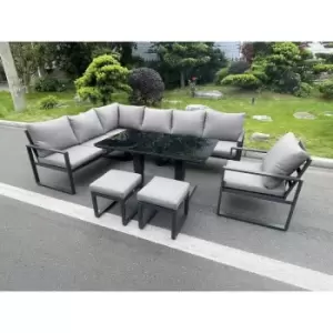 Image of Fimous 7 Seater Outdoor Dark Grey Aluminum Corner Sofa Complete Dining Set with Adjustable Table and 2 Stools