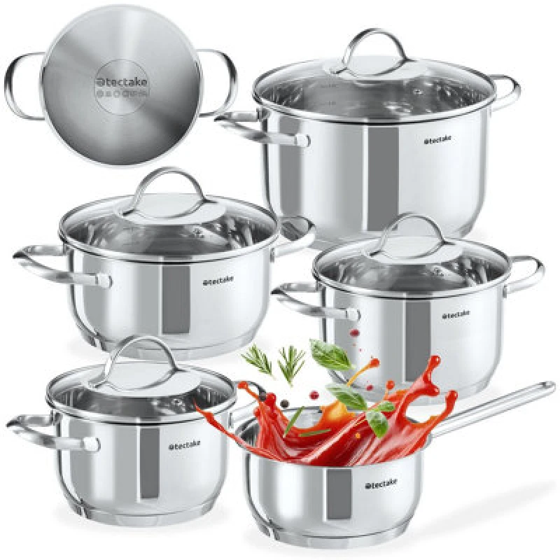 Image of Tectake Pot And Pan Set Bologna Xl, 9 Pieces In Induction Safe Stainless Steel - Silver