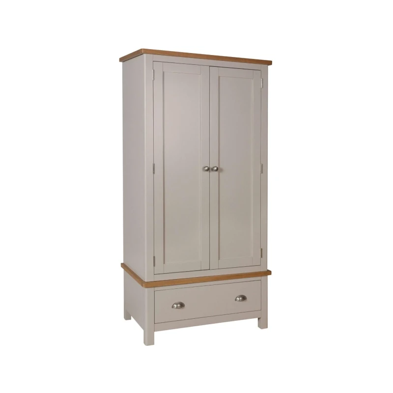 Image of Home Source Ramsgate Assembled Solid Wood With Oak Veneer 2 Door 1 Drawer Grey Wardrobe