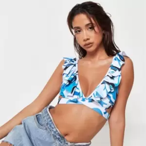 Image of Missguided Abstract Print Frill Detail Triangle Bikini Top - Blue