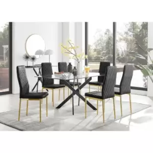 Image of Furniturebox UK - Furniturebox Leonardo 6 Black Leg Glass Dining Table and 6 Black Milan Velvet Dining Chairs With Gold Legs Diamond Stitch Modern