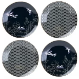 Image of Set of 4 Side Plates Oriental Heron Design with Gold Rim in Gift Box