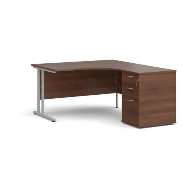 Image of Office Desk Right Hand Corner Desk 1400mm With Pedestal Walnut Top With Silver Frame Maestro 25
