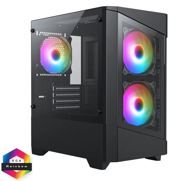 Image of CiT Level 1 Black Micro-ATX PC Gaming Case with 3 x 120mm RGB Rainbow Fans Included With Tempered Glass Front and Side Panel