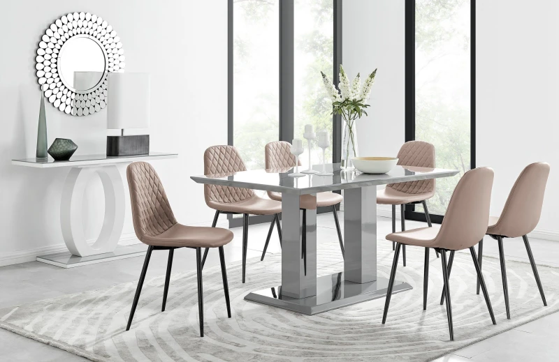 Image of FurnitureboxUK FurnitureboxUK Imperia 6 Grey Dining Table and 6 Corona Black Leg Chairs in Beige Beige One Size Unisex 5056542641527