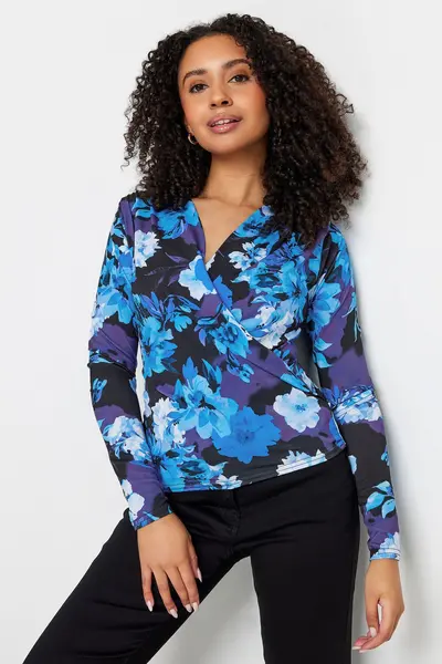 Image of M&Co Petite Wrap Long Sleeve Top Blue