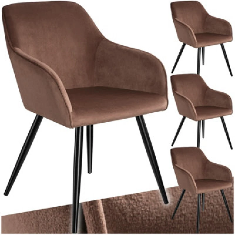 Image of Tectake Set Of 4 Dining Chair Marilyn - With Armrests, Padded, Velvet Look, Black Steel Legs - Brown/black