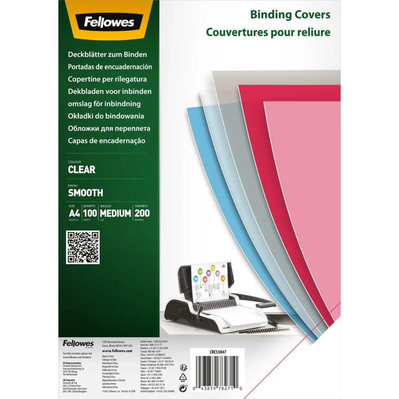Image of Fellowes Clear PET Binding Cover 200 micron A4 Pack of 100 5384701