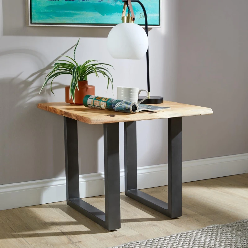 Image of Home Source Live Edge Lamp Table Solid 26mm Acacia Top Black Metal Legs Home Furniture Unit in Natural Natural Unisex