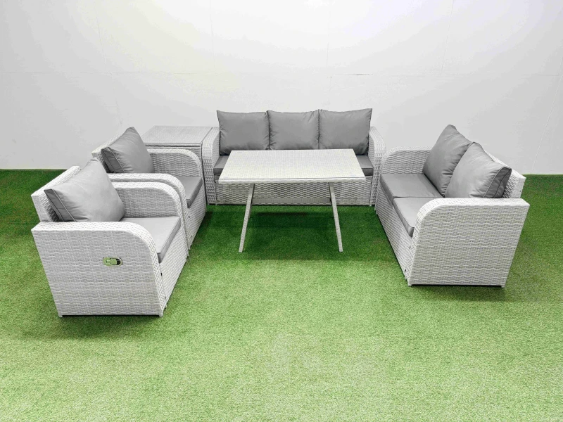 Image of Fimous Outdoor Rectangular Table Sofa Set with Reclining Chair Side Table in Light Grey Light Grey Unisex