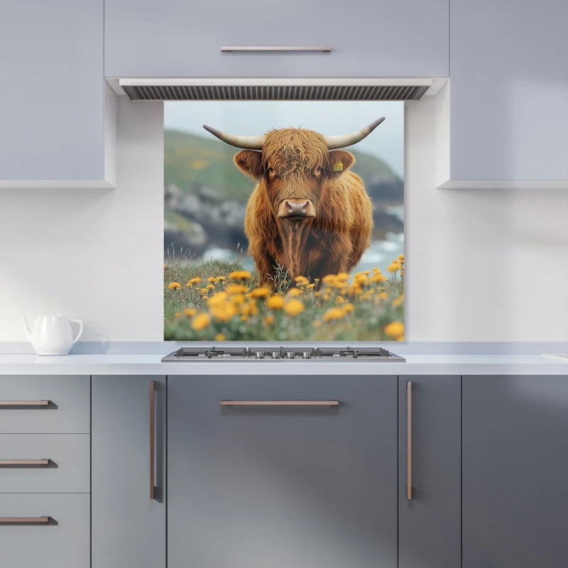 Image of Warren Reed - Designer Highland Cow By The Coast Kitchen Splashback in Brown Size: 600mm x 600mm Brown Unisex 600mm x 600mm