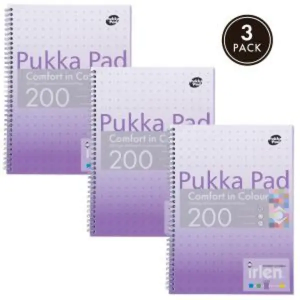 Image of NOTFOUND Pukka Pads Irlen Jotta A4 Wirebound 200 Lavendar Perforated Pages Paper Tinted Ruling With Margin (Pack 3) - IRLJOTA4(LAV) IRLJOTA4(LAV)
