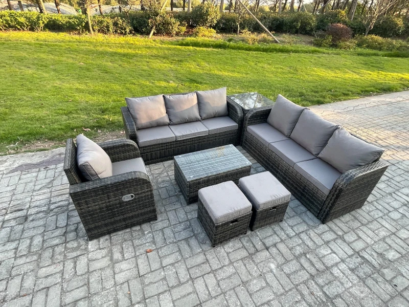 Image of Fimous 9 Seater Rattan Outdoor Garden Furniture Sofa Set Patio Table & Chairs Set with 3 Seater Sofa Reclining Chair 3 Seater Sofa Side Table Dark Gre