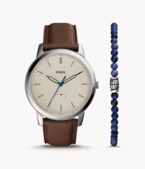 Image of Fossil Men Minimalist Three-Hand Brown Eco Leather Watch and Bracelet Set
