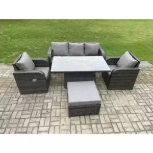 Image of Fimous 5 Seater Outdoor Dark Grey Rattan Lounge Complete Sofa Set with Regular Adjustable Dining Table and Big Footstool