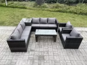 Image of Fimous 8 Seater Outdoor Dark Grey Rattan Lounge Complete Sofa Set with Square Side Table and Rectangular Coffee Table