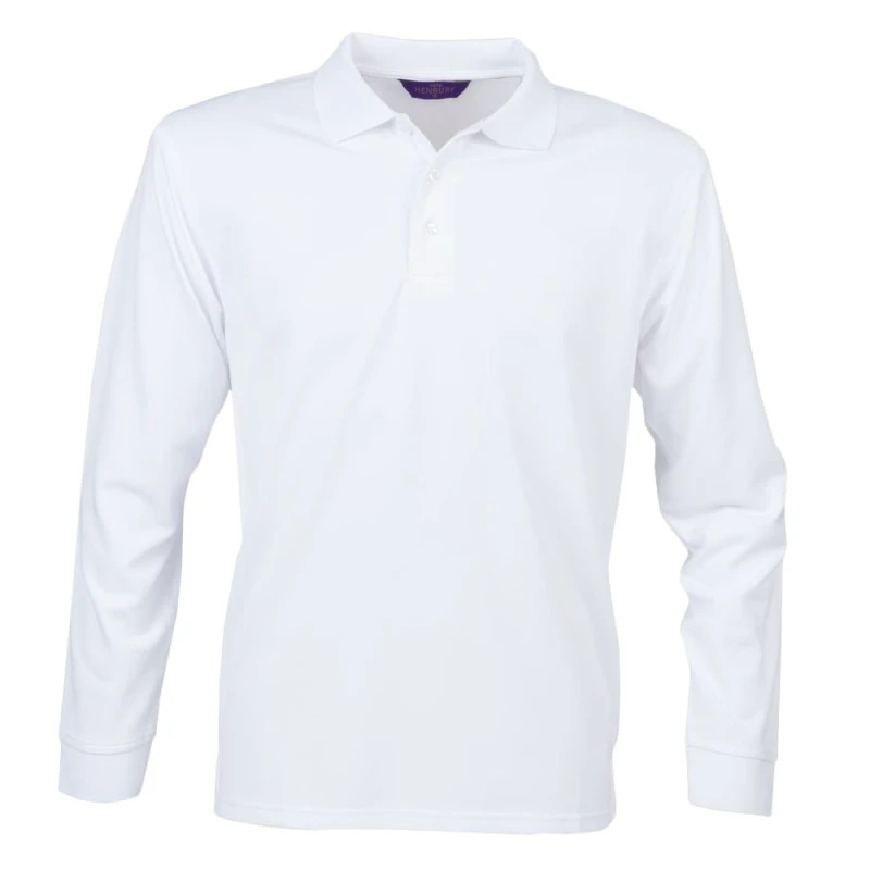 Image of Henbury Mens Long Sleeve Coolplus Piqu Polo Shirt in White Size: XS White Male XS