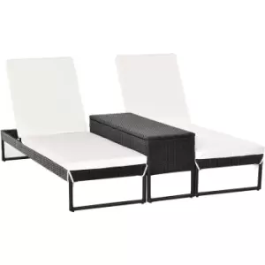 Image of Outsunny - 3PC Rattan Sun Lounger Garden Outdoor Wicker Weave Recliner Bed Side Table Set Patio Furniture with Cushion - Black
