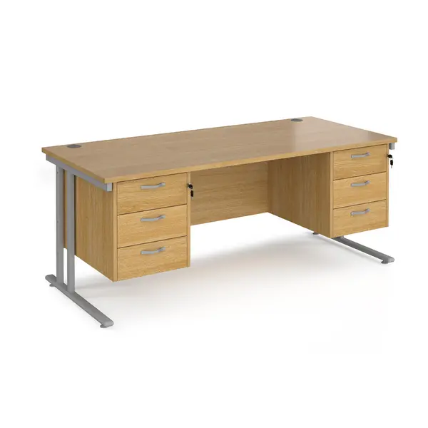 Image of Maestro 25 Oak Straight Office Desk with Two x 3 Drawer Pedestal and Silver Cantilever Leg Frame - 1800mm x 800mm