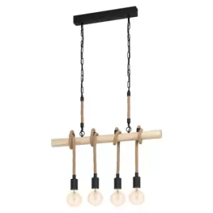 Image of Hanging Ceiling Pendant Light Black & Wood / Rope 4x E27 Kitchen Island Lamp