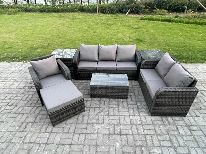 Image of Fimous Patio Garden Furniture Sets Wicker 7 Seater Outdoor Rattan Furniture Sofa Sets with Rectangular Coffee Table Reclining Chair 3 Seater Sofa Dark