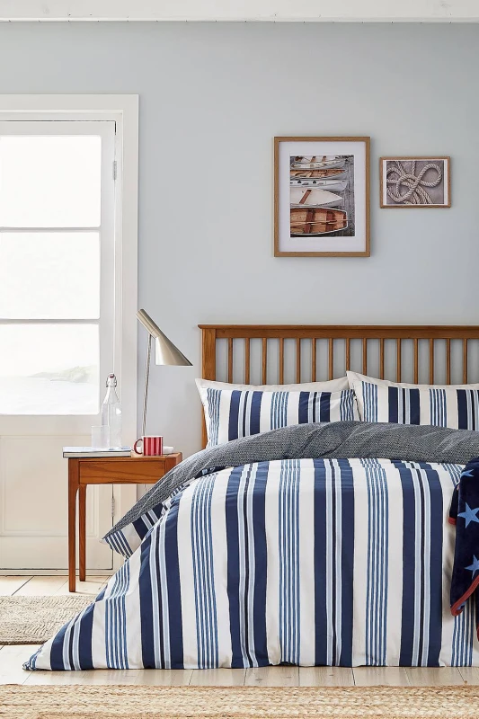 Image of Helena Springfield 'Huntington Stripe' Cotton Duvet Cover Set in Blue Size: Double Blue Unisex Double
