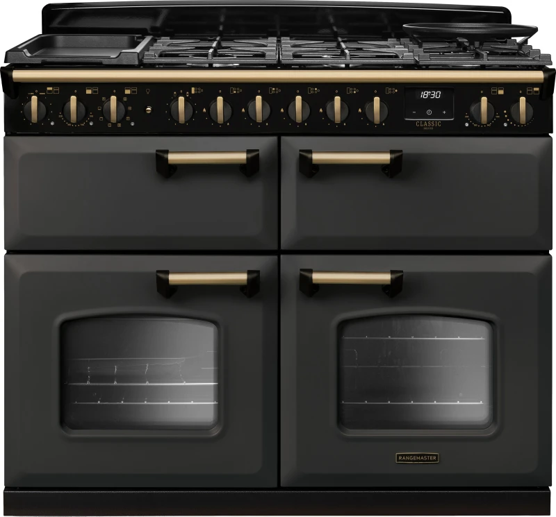 Image of Rangemaster Classic Deluxe 110 CLDLB110DFPSLT/AB1 110cm wide Dual Fuel Range Cooker with Gas Hob - Slate / Antique Brass - A/A/A Rated