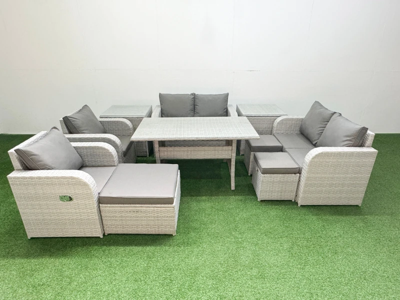 Image of Fimous 9 Seater Outdoor Reclining Chair Love Sofa Set Rattan Garden Furniture Set with Rectangular Dining Table 3 Stools 2 Side Table Light Grey Light