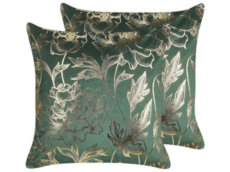Image of Beliani Set Of 2 Decorative Cushions Daffodil Velvet 45 X 45cm Emerald Green Floral Pattern