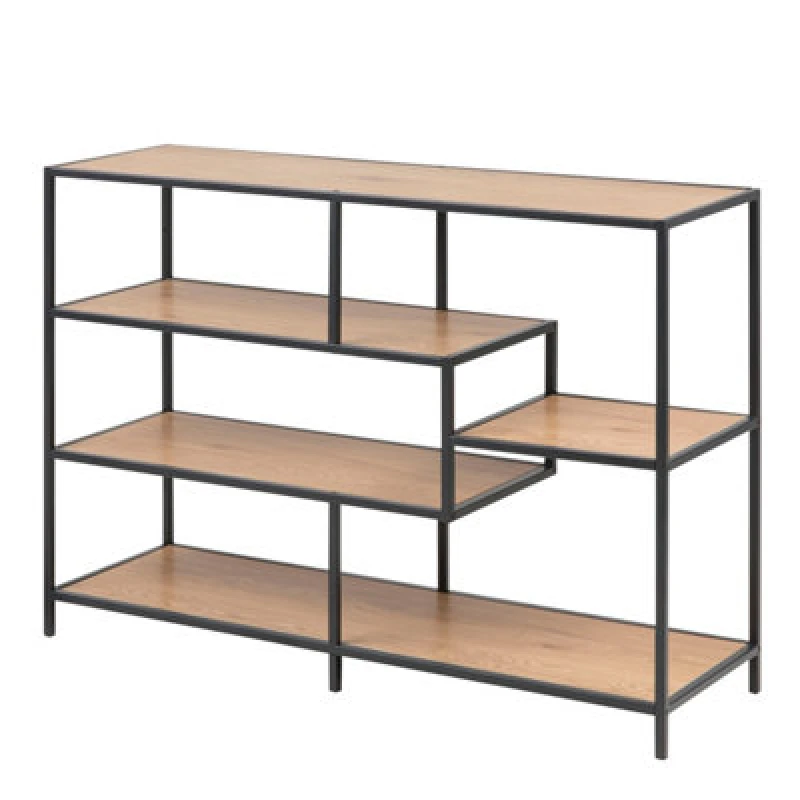 Image of Furniture To Go Seaford Wide Black Metal Bookcase with 4 Oak Shelves Black