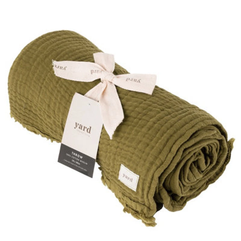Image of Lark Muslin Crinkle Cotton Throw Khaki, Khaki / 130 x 180cm