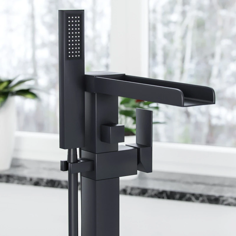 Image of Nes Home Matte Black Laura Waterfall Freestanding Bath Shower Mixer Tap Black Unisex