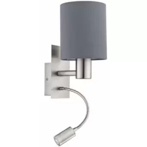 Image of Wall Light Colour Satin Nickel Shade Grey Fabric Bulb E27 LED 1x40W 1x3.5W