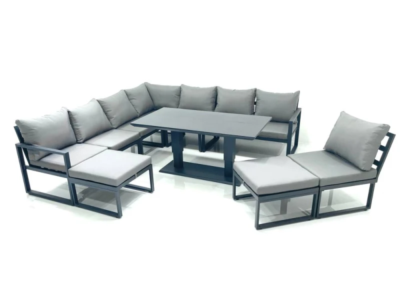 Image of Fimous 10 Seater Outdoor Aluminum Garden Furniture Set Corner Sofa 2 Big Footstools Rising Lifting Dining Table Sets Dark Grey Dark Grey Unisex