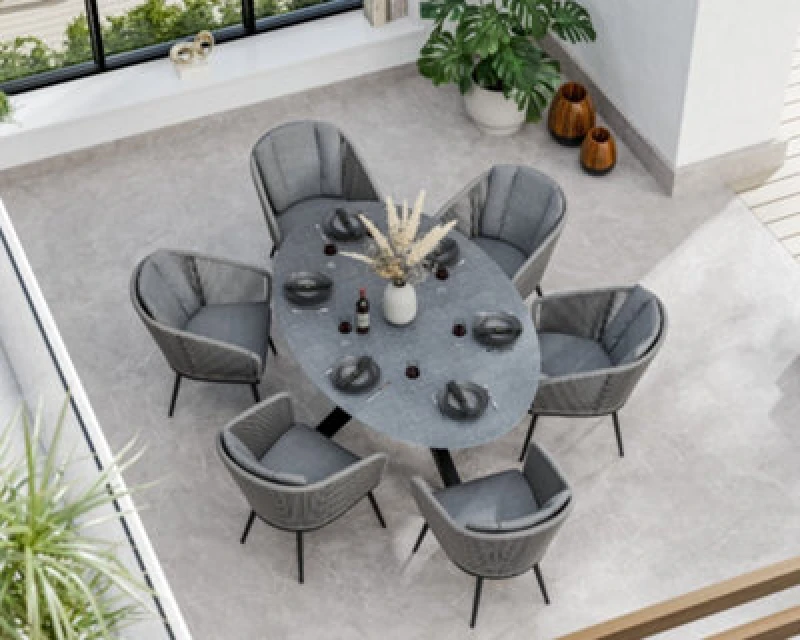 Image of Royalcraft Aspen 200Cm Oval Ceramic Grey Top With 6 Rope Chairs