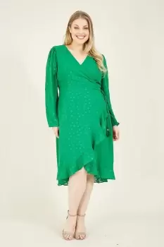 Image of Green Frill Plus Size Spotted Long Sleeve Wrap Dress