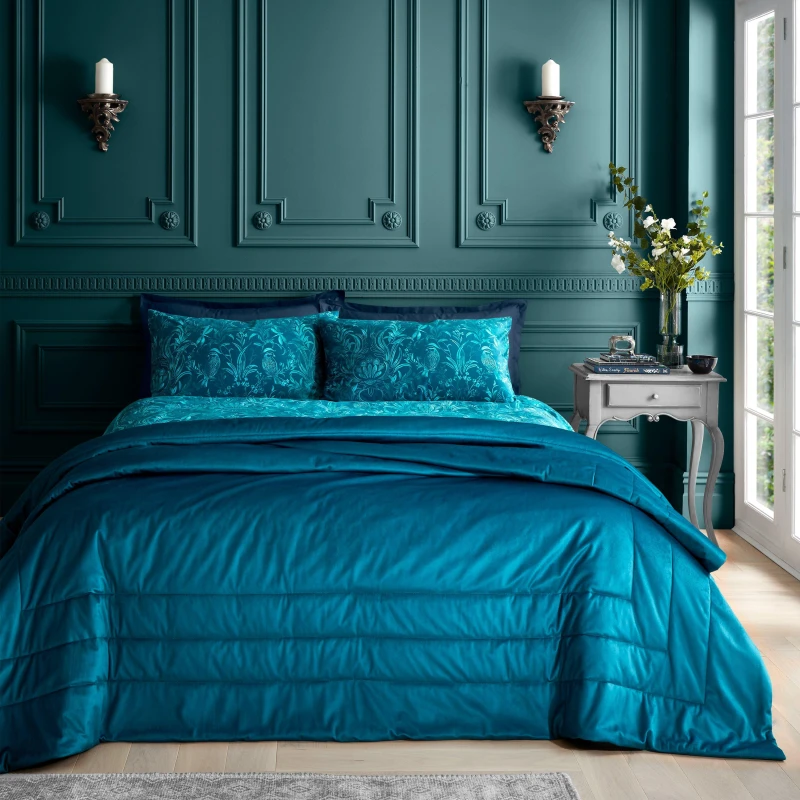 Image of Bridgerton Regal Birds Velvet Damask Bedspread 220cm x 230cm Teal