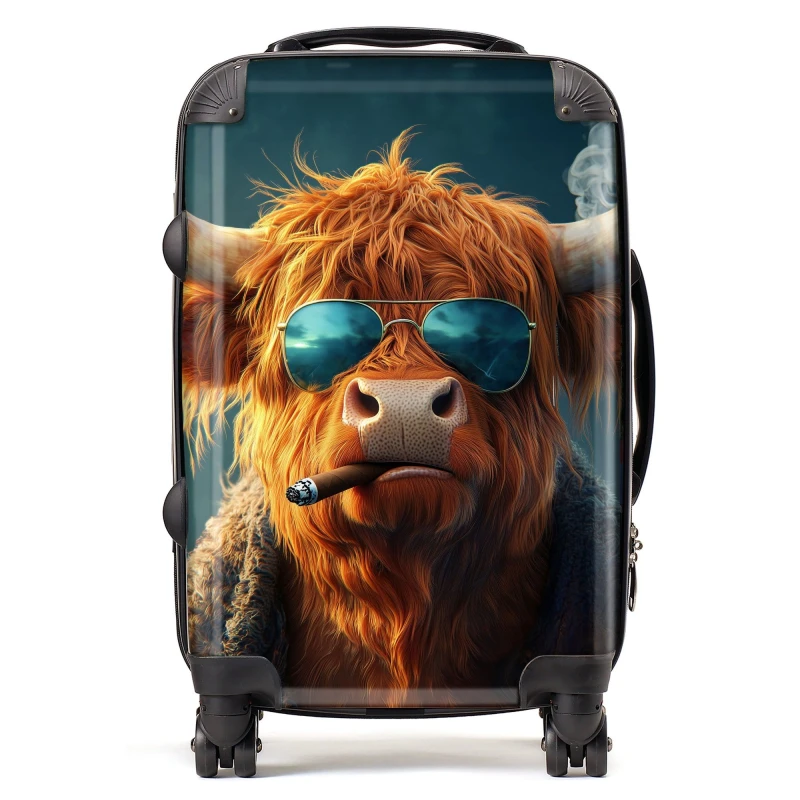 Image of Warren Reed - Designer Highland Cow With Glasses Suitcase in Blue Size: Cabin Blue Unisex Cabin