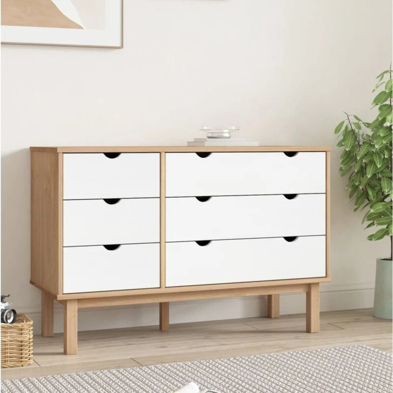 Image of Vidaxl Drawer Cabinet Otta Brown&white 111X42X73.5Cm Solid Wood Pine, White 348587