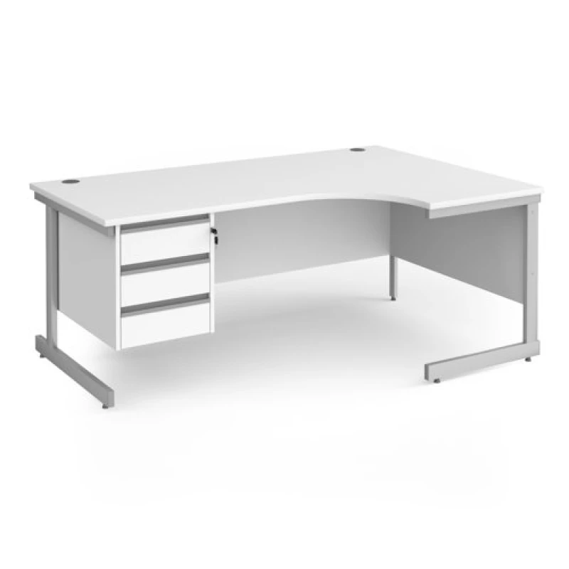 Image of Contract 25 Office Desk Right Hand Corner Desk 1800mm With Pedestal White Top With Silver Frame 1200mm Depth Contract 25 CC18ER3-S-WH White CC