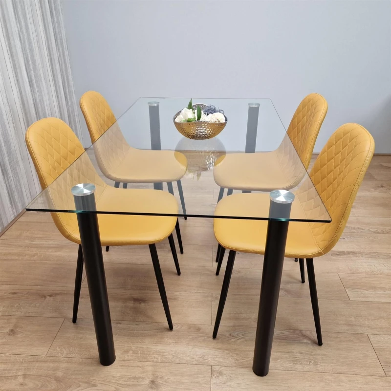Image of KOSY KOALA Glass Dining Table with 4 Mustard Chairs Dining Room Dining Table set for 4 Clear