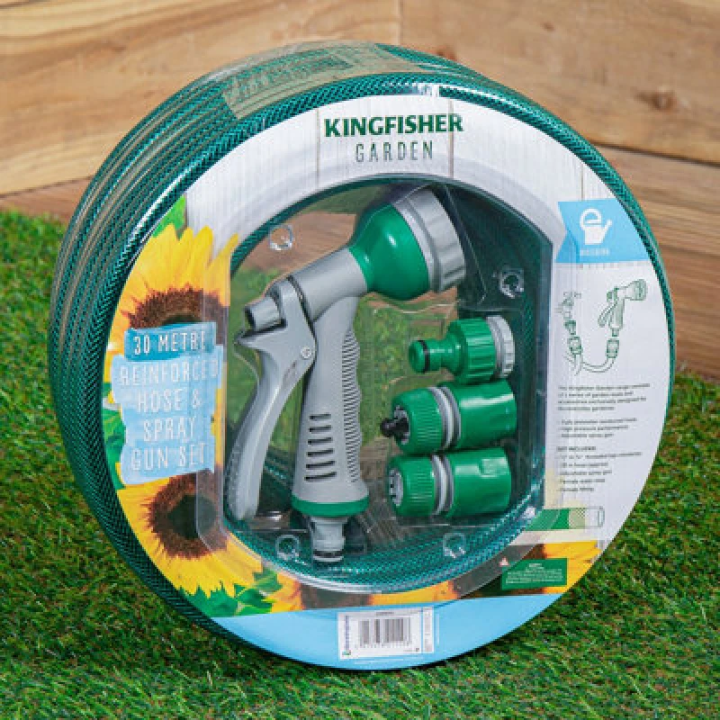 Image of Samuel Alexander 30M Reinforced Green Garden Hose Pipe / Hosepipe And Spray Gun Set