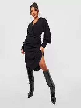 Image of Boohoo Textured Drape Midi Shirt Dress - Black, Size 8, Women