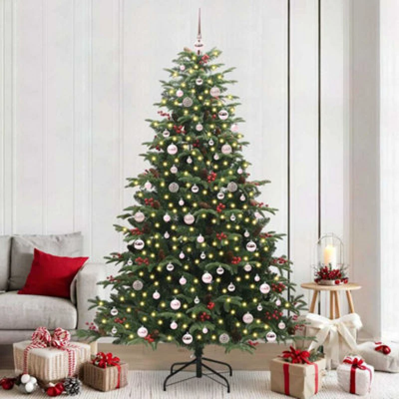 Image of vidaXL Artificial Christmas Tree with LED Strip Lights, Pink Balls Green 240 cm, Green 3395570
