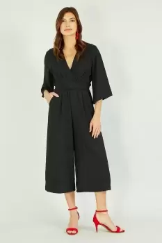 Image of Black Kimono Style Jumpsuit With Tie Waist and Pockets